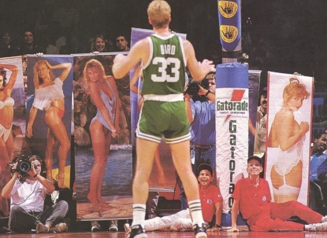 Not even scantilly clad models could distract free-throw master Larry Bird 